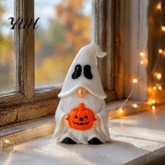 Cute Dark Style Decor Halloween Ghost Gnome Figurine, Creative Pumpkin Desk Ornament, 3D Printed Miniature Landscape Props Mini Statue for Home Shelf