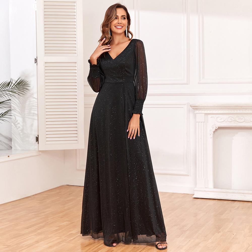 GMXIA Long See-through Sleeve Splicing Long Skirt V-neck High Slit Big A Shine Fully Lined Quality Evening Gown