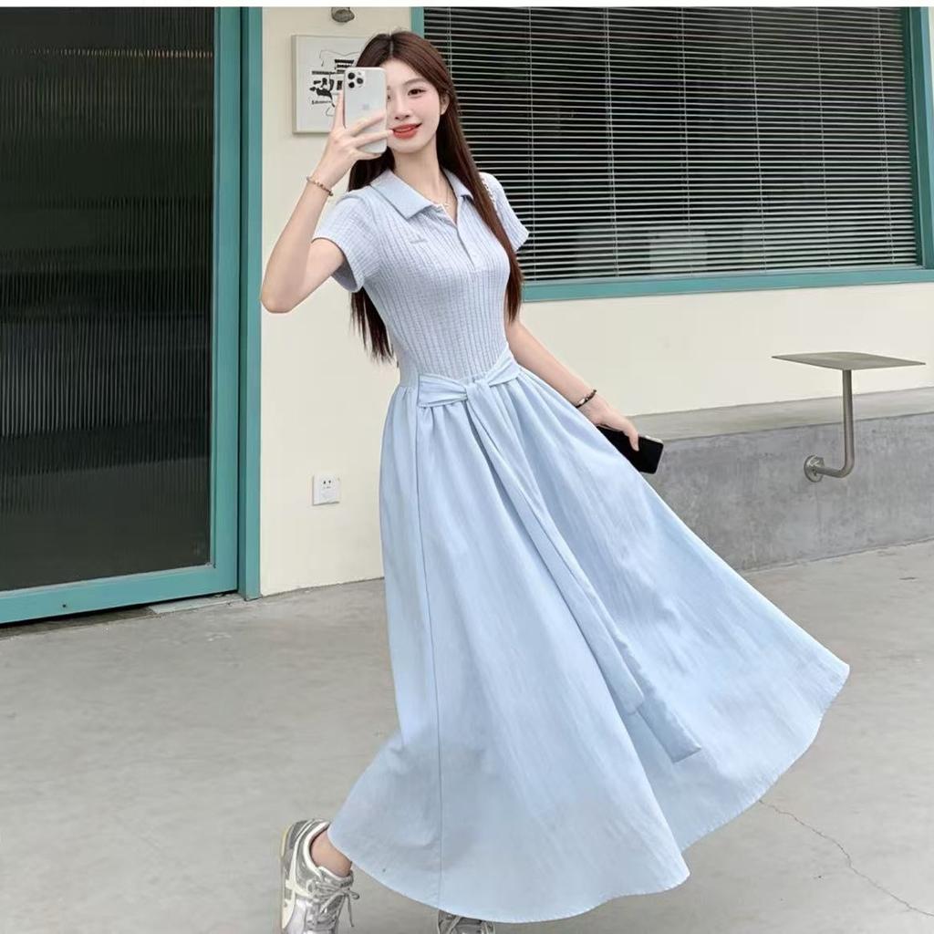 Blue polo collar short-sleeved dress children's summer 2026 new sweet and big-looking college style waist pinch dress
