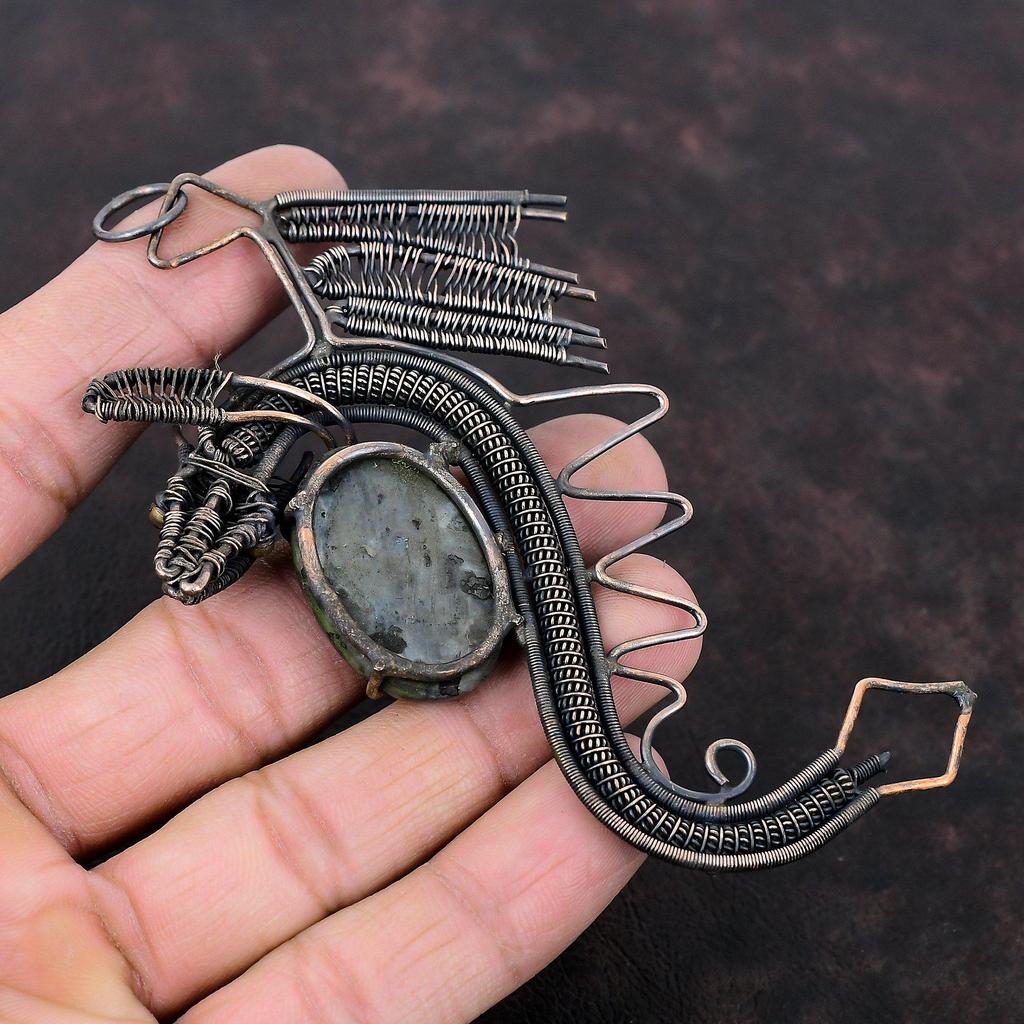 Larvikite Pendant Copper Wire Wrapped Pendant Handmade Larvikite Jewelry Gemstone Pendant Copper Jewelry Gift For Him Antique Dragon Pendant