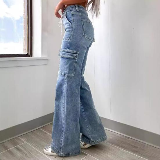 Women Mid Waisted Cargo Jeans Straight Wide Leg Denim Pants