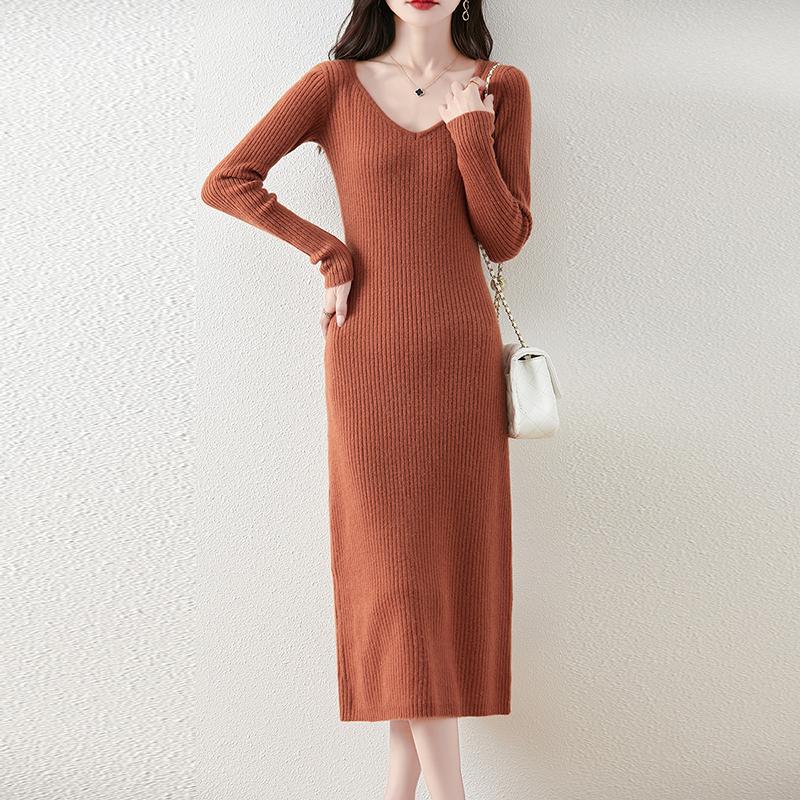 Women Sweater Dress 100% Wool MODERN NEW SAGA V-neck Knit Long Pullover Winter Jumpers Wool Long Dress Female
