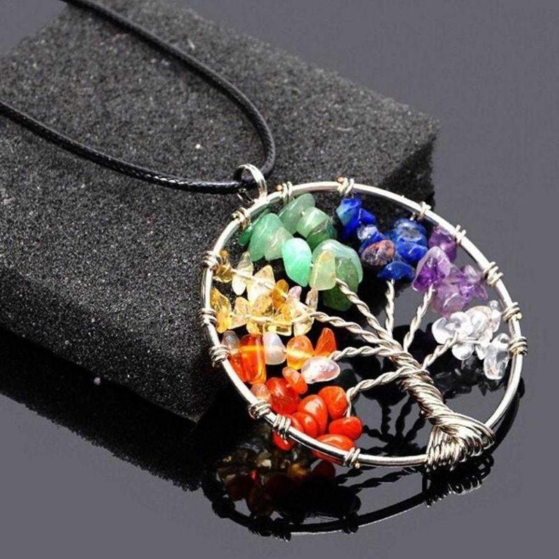 Collier Pendentif Arbre de Vie 7 Chakras en Pierre Gemme Naturelle Charmant