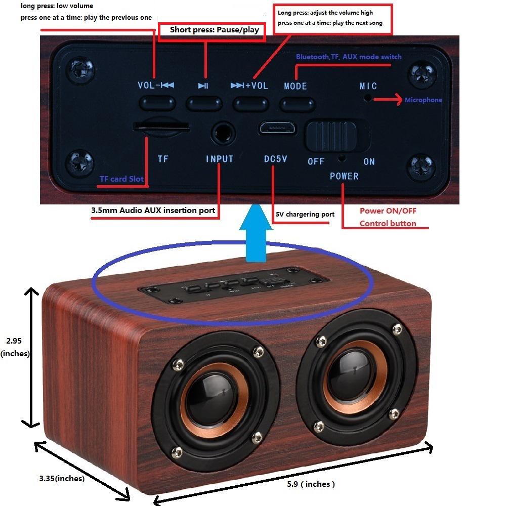TOPROAD Wooden Wireless Bluetooth Speaker 10W Portable Stereo Subwoofer Bass Speakers