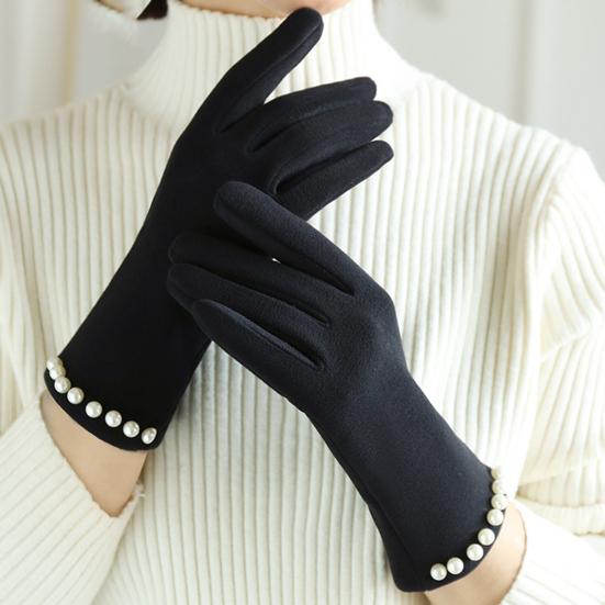 Women Winter Touchscreen Gloves Plush Lined Gloves with Faux Pearls Warm Windproof Gloves for Daily Errands Commuting Dating