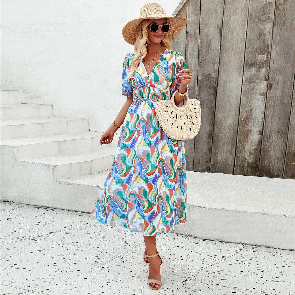 Women Autumn Winter Short Sleeve Flower Print V-neck Casual A-Line Ankle-Length High Waist Dress