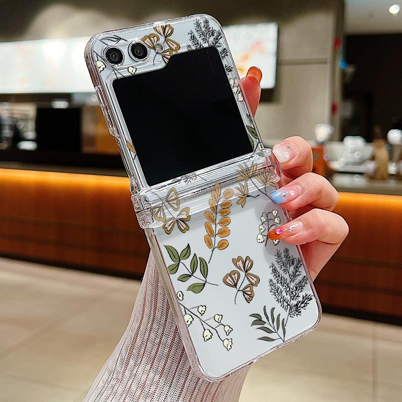 Capa de Celular Transparente com Estampa Floral Romântica Para Samsung Galaxy Z Flip5 Flip7 Flip6 5G Capa Dobrável de PC Para Samsung Z Flip 7 6 5 4 3