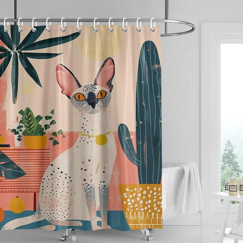 Abstract Art Cat Theme Shower Curtain Waterproof Mildew-Proof Bathroom Curtain Bathroom Ins Wind Decorative