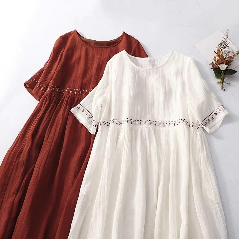 Dam Rundhals Kortärmad Broderad Veckad Midi-klänning Lös Casual Linneblandning Sommarklänning