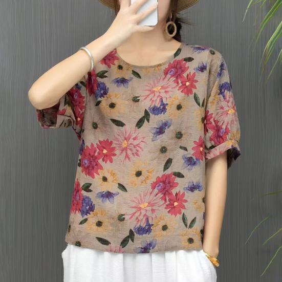Women T-shirt Round Neck Short Sleeve Loose Fit Tee Shirt Retro Floral Print Summer Tops Versatile Comfortable Daily Wear