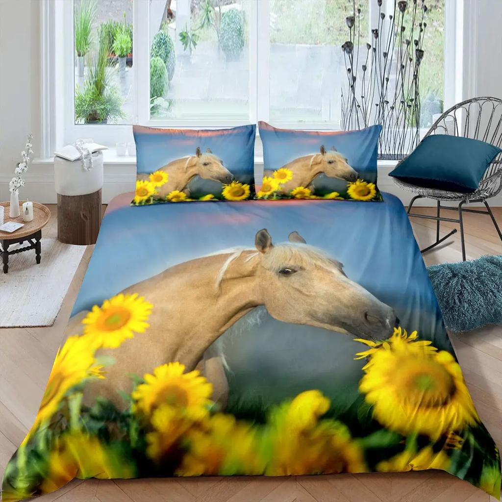 Lyxigt 3D Queen King Size Påslakan Djur Häst Sängkläder Set Bekvämt Täckeöverdrag Heminredning Sängkläder Set 3-delat Set