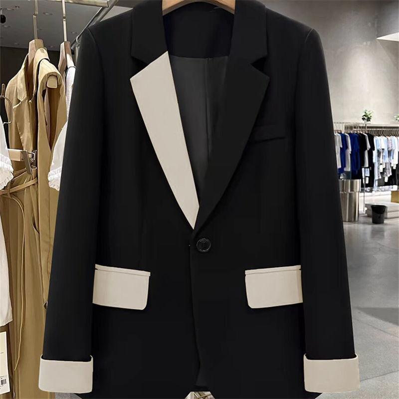 Fashionable Black Contrast Joint Suit Jacket, Casual and Trendy for Spring and Autumn, French-Styled Women's Blazer