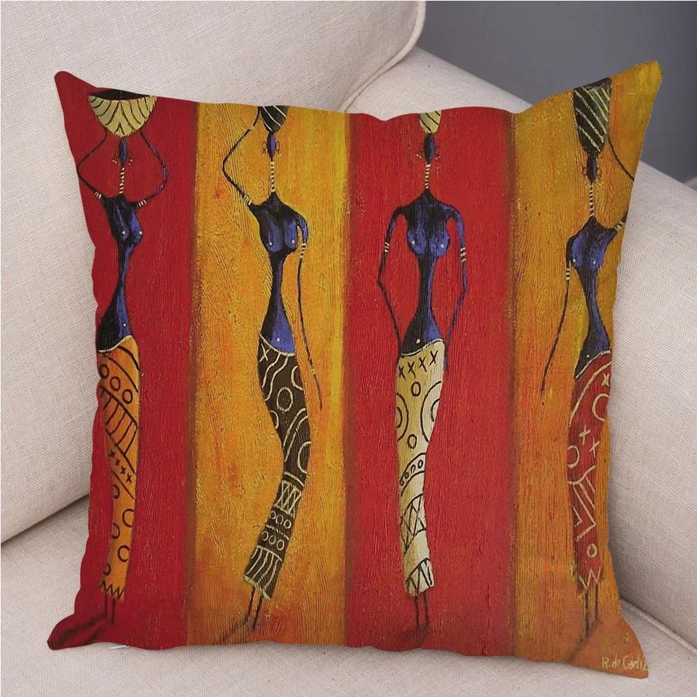 African Woman Soft Plush Cushion Cover for Sofa Home Decor Orange Abstract Painting Pillow Case Africa Life Collection Pillowcae