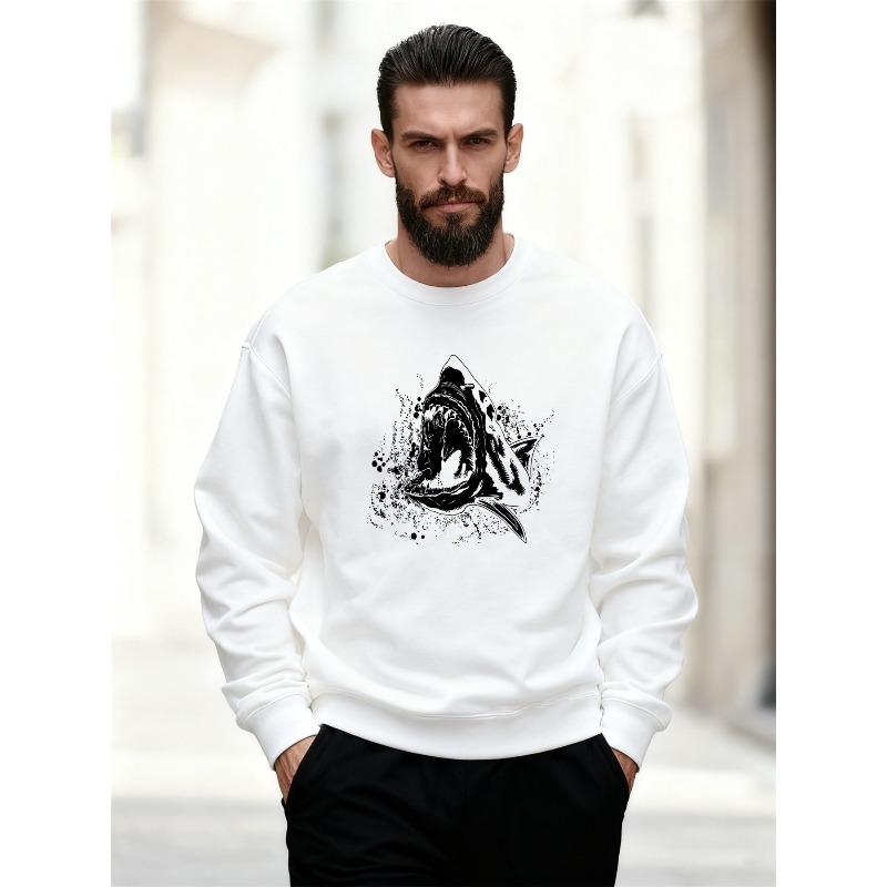 Men'S Casual Round-Neck Sweatshirt Featuring a Large Shark Graphic
