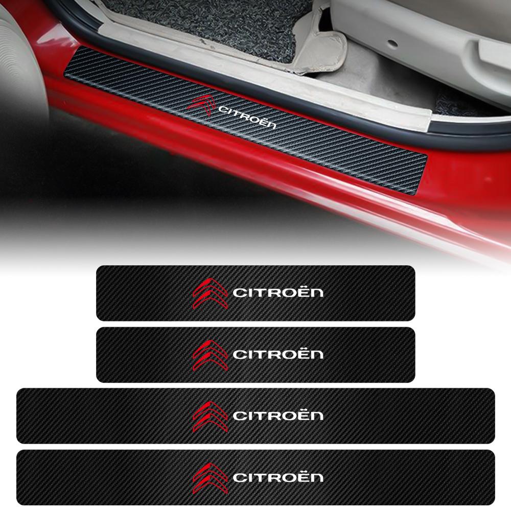 4pcs Car Door Plate Protective Stickers Carbon Fiber Car Sticker Sill Scuff Cover Anti Scratch Decal For Citroen C1 C2 C3 C4 C5