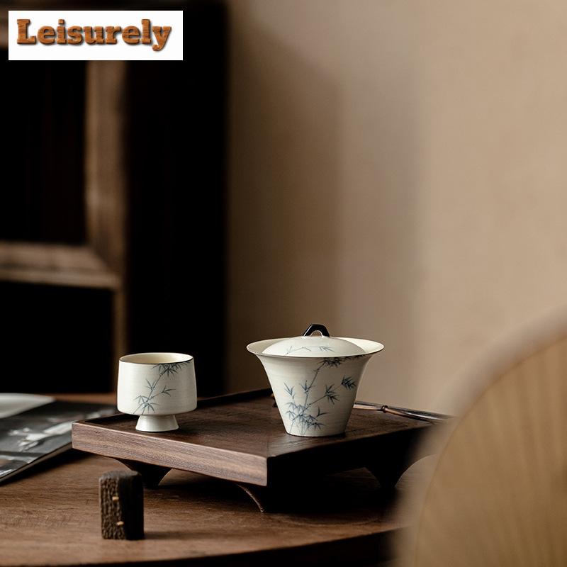150ml Hand-painted Ink Bamboo Gaiwan Aesthetic Pink Yin White Horseshoe Tea Tureen Tea Maker Cover Bowl Chinese Tea Set Craft