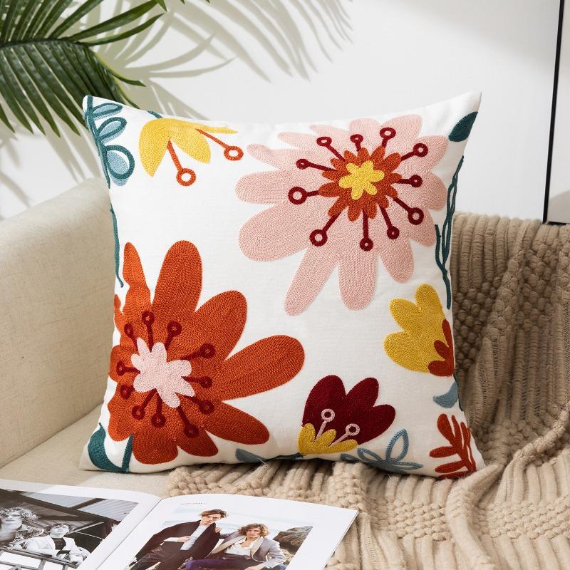45x45cm Flower Embroidered Pillow Cover Rural Style Home Sofa Pillowslip Bedhead Cushion Office Chair Lumbar Mat Easy To Clean Pillowcase Without Core