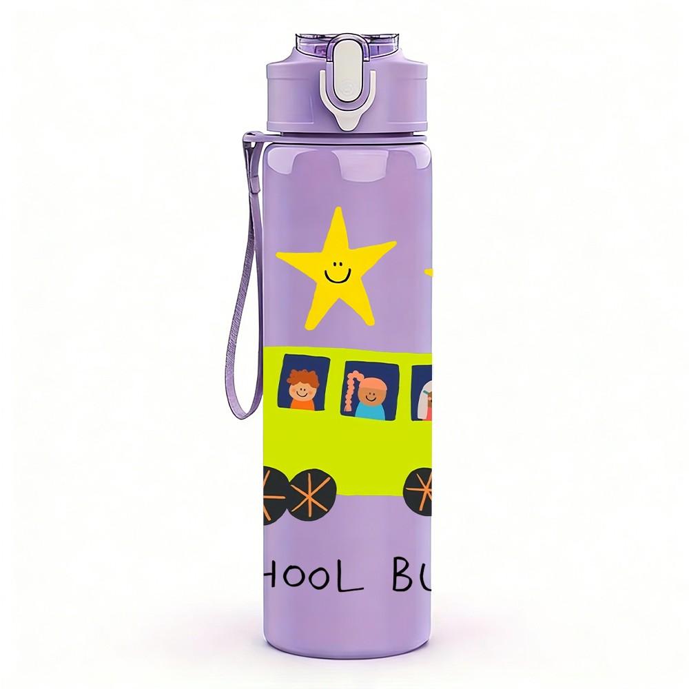 1PC School Bus Star Print 750ml Color Plastic Sports Water Bottle Leakproof Flip Straw Lid Suitable for Sports Office Home Use