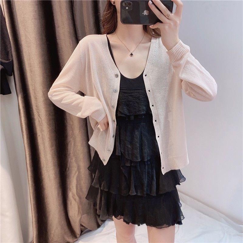 1116 New Spring and Summer Women's Ice Silk Short Knitted Small Cardigan Loose V-Neck Sunscreen Jacket Linen Air Conditioning Shirt Thin