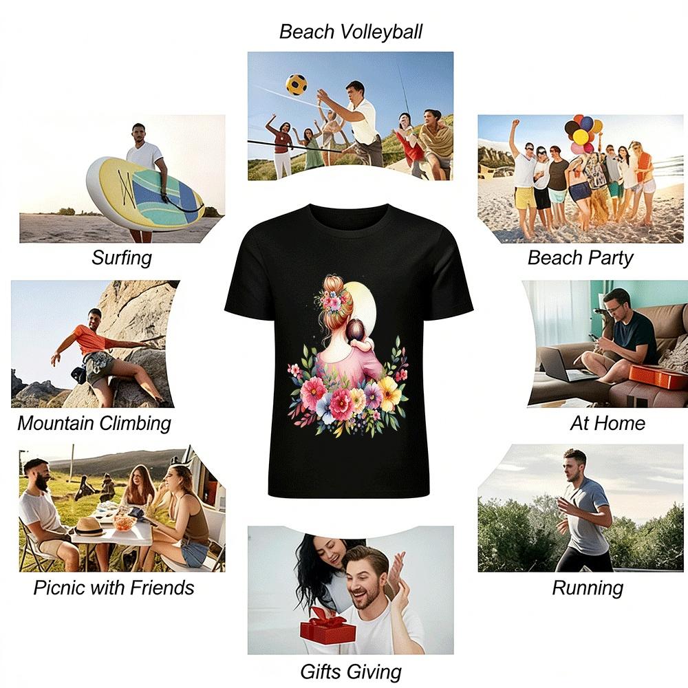 Floral Print Mom Holding Baby Casual Family Style Top Pure Cotton T-shirt