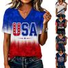 T-shirt à manches courtes et col en V pour femme avec impression de lettres USA