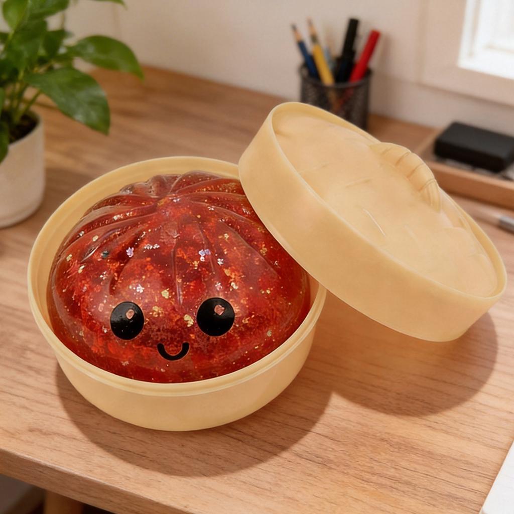 Glitter Dumpling Fidget Toy Kawaii Bun with Food Steamer Stretchy Desk Toys Squeeze Dough Ball Glitter Bun Dumpling Fidget Toy