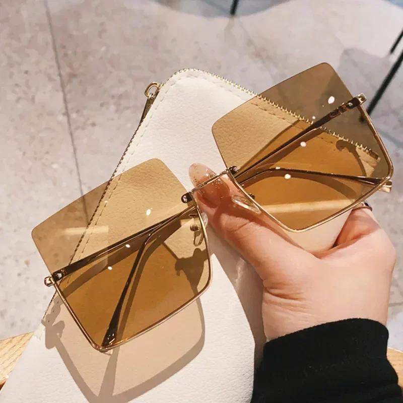 Fashion Oversized Square Sunglasses Women Retro Big Frame Sun Glasses Female Metal Semi Rimless Designer
