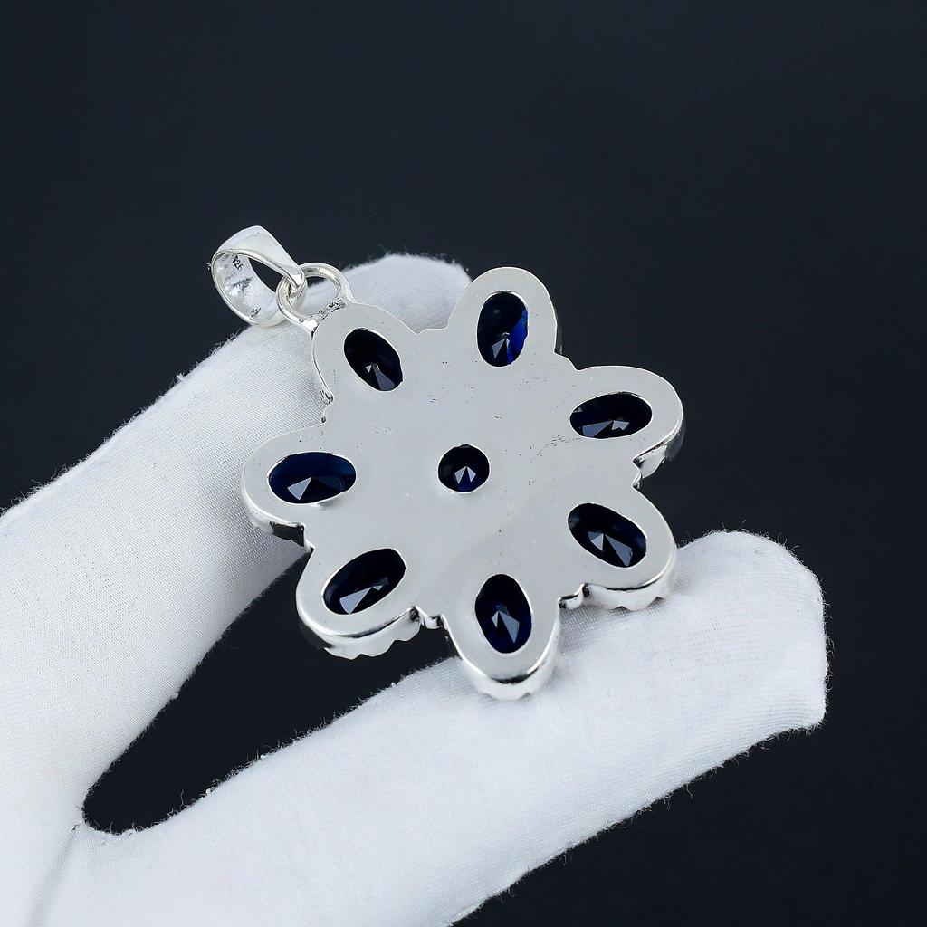 Amazing Blue Sapphire Gemstone Silver Flower Pendant In 925 Sterling Silver - Handmade Pear Design, Everyday Wear Jewelry Mother's Day Gift