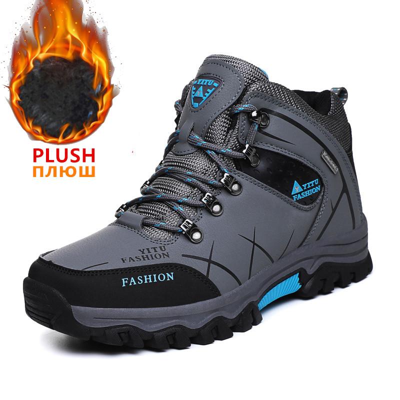 Winter Warme Pluche Sneeuwlaarzen Hoge Kwaliteit Waterdicht Leer Heren Laarzen Buiten Rubber Vetersluiting Enkellaarsjes Heren Sneakers Maat 39-47