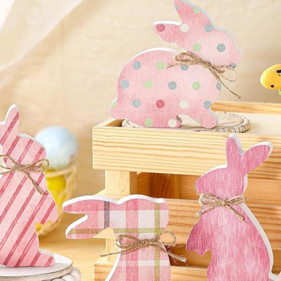 6 Pcs Easter Bunny Wood Sign Rustic Pink Wooden Bunny Block Table Sign for Easter Tiered Tray Tabletop Shelf Decor