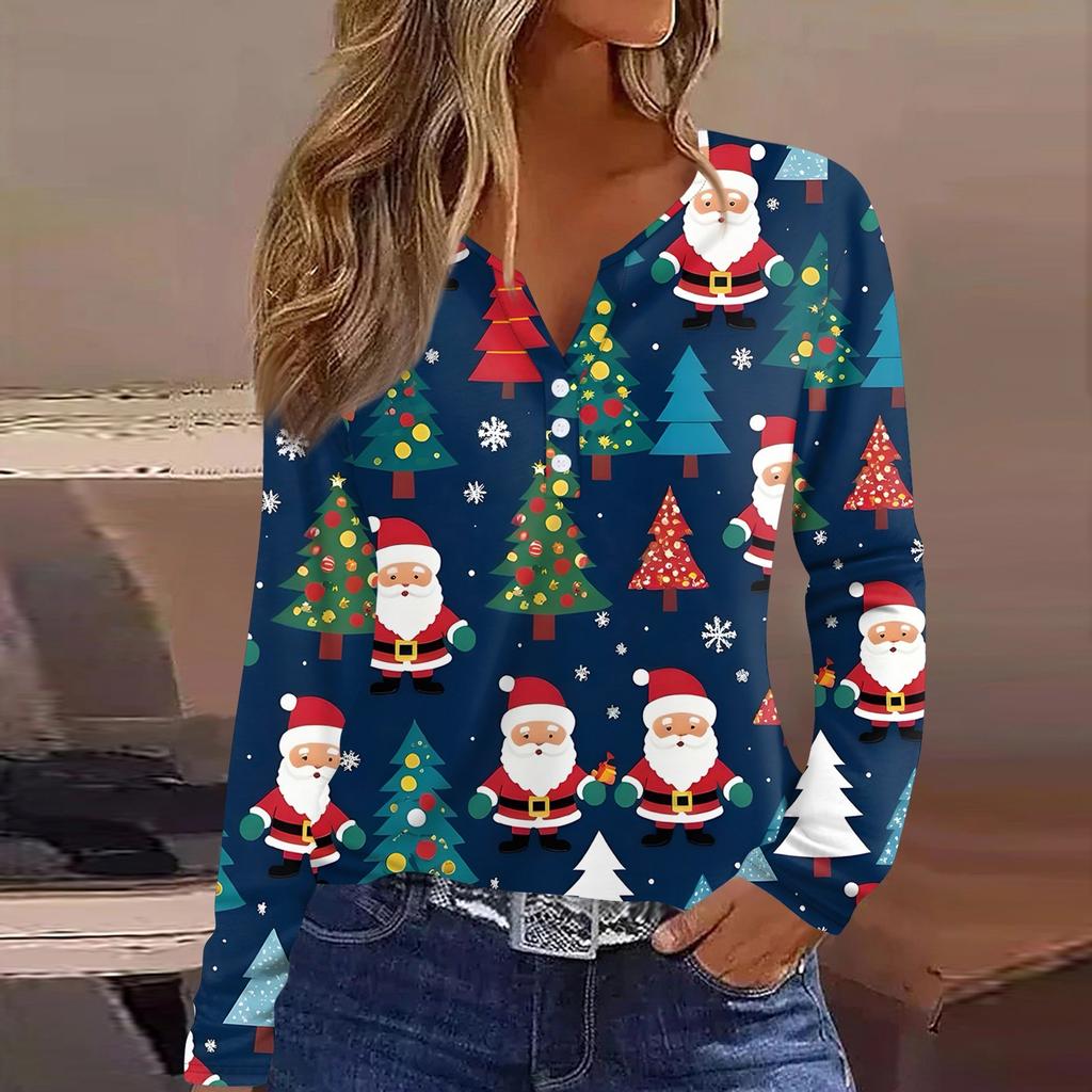 Women's T Shirt Tee Christmas Print Button Long Sleeve Daily Weekend Fashion Basic V- Neck Regular Top
