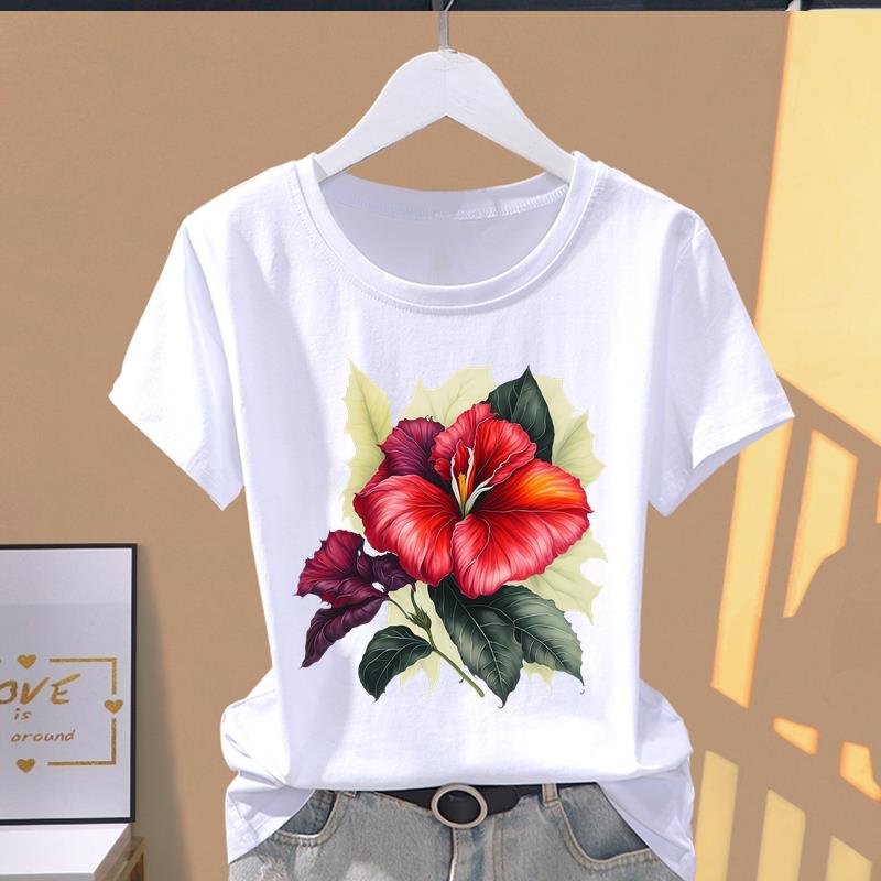(Asian Size) Fashion Print Short Sleeve T-shirts Clothing T Female lovely flower trend Casual Women's Top Graphic Tee