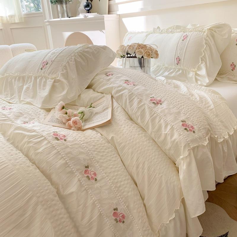 French Seersucker Embroidered Polished Sheets, Quilt Covers, Pillowcases, Three-piece Sets, Four-piece Sets