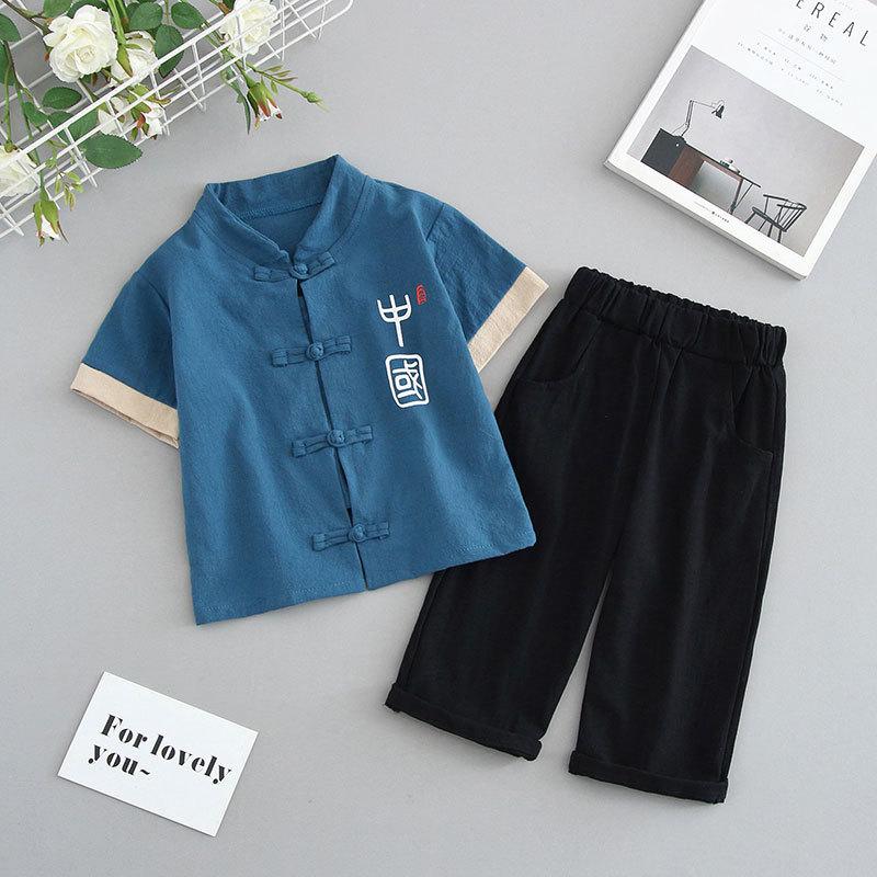 Boys Summer Hanfu Two-piece Suit Chinese Style Short-sleeved Thin Ancient School Clothes Kids Anniversary Dress Breathable Performance Outfit