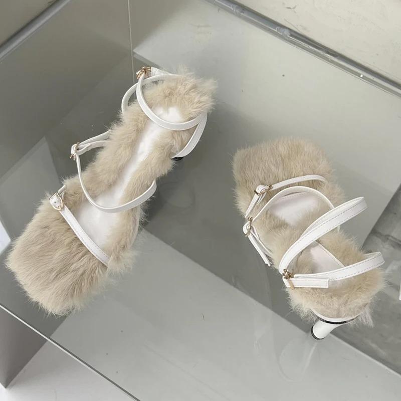 2026 New Brand Plush Fur Fuzzy Sandals Women Thin Heels Fashion Square Toe Ankle Lace Up Buckle Strap Slides Shoes