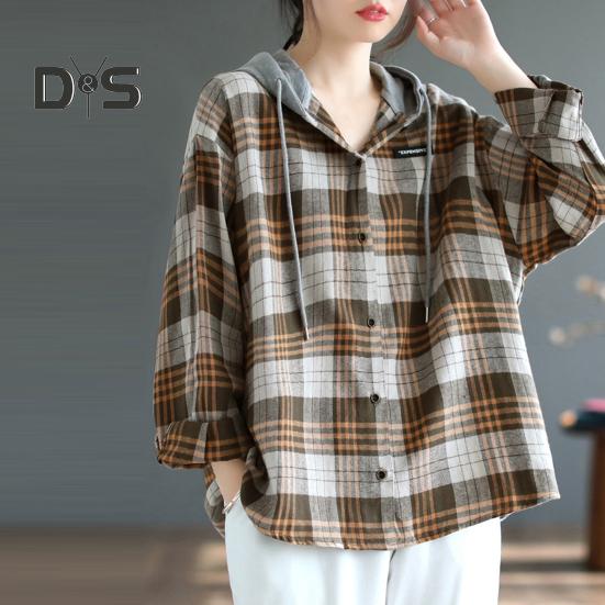 Women Shirt Hooded Drawstring Long Sleeve Plaid Print Patchwork Color Shirt Tops Single Breasted Loose Fit Shirt Coat
