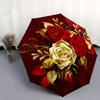 Bouquet de Roses Rouge Doré Impression Murale Circulaire Affiche Parapluie, Parapluie Mignon avec Design Mignon, Parapluie Compact Pliable 3 Plis Portable pour Hommes et Femmes, Val