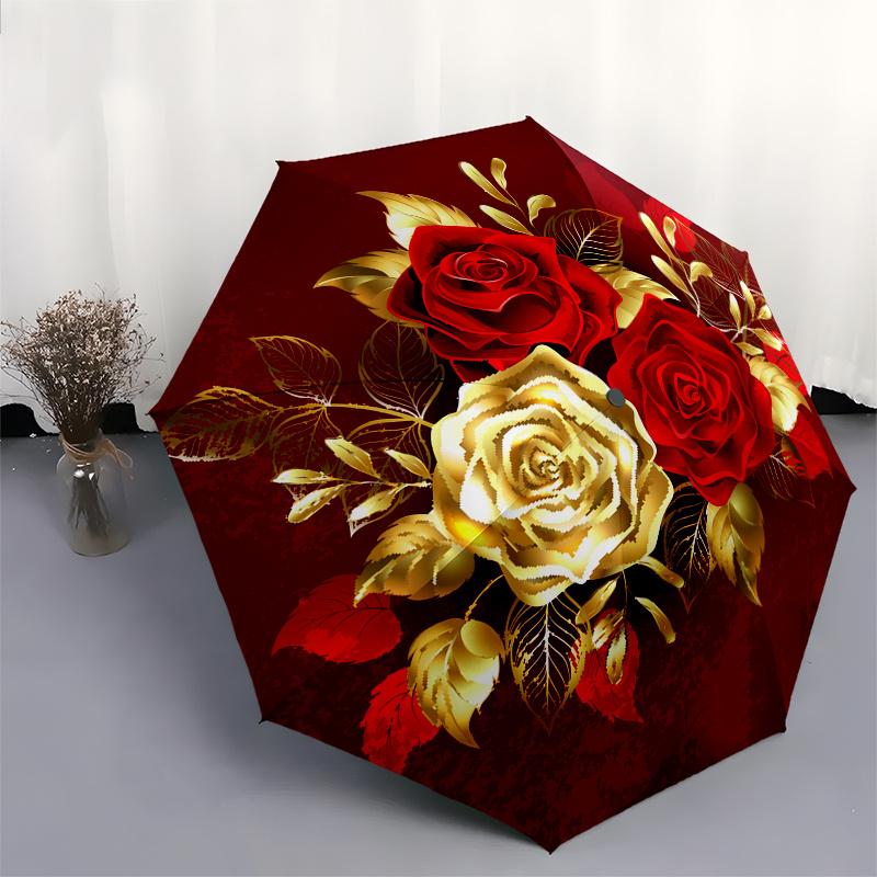 Bouquet de Roses Rouge Doré Impression Murale Circulaire Affiche Parapluie, Parapluie Mignon avec Design Mignon, Parapluie Compact Pliable 3 Plis Portable pour Hommes et Femmes, Val