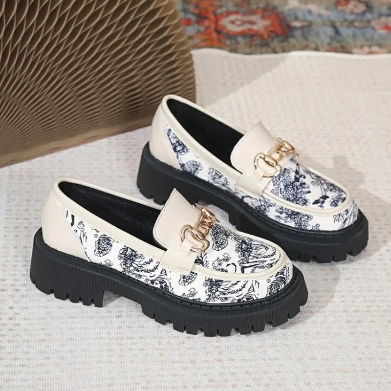 Hot Sale Shoes for Women Slip On Women' Pumps Autumn Round Toe Solid Metal Decoration Platform Mid Heel Water Proof Loafers