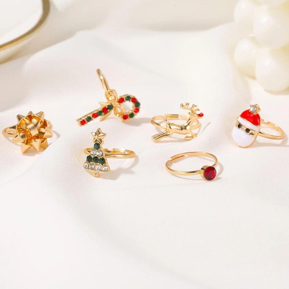 6pcs/Set Christmas Tree Christmas Ring Set Elk Cartoon Enamel Santa Claus Ring Alloy Dripping Oil Xmas Jewelry Ornaments Gift