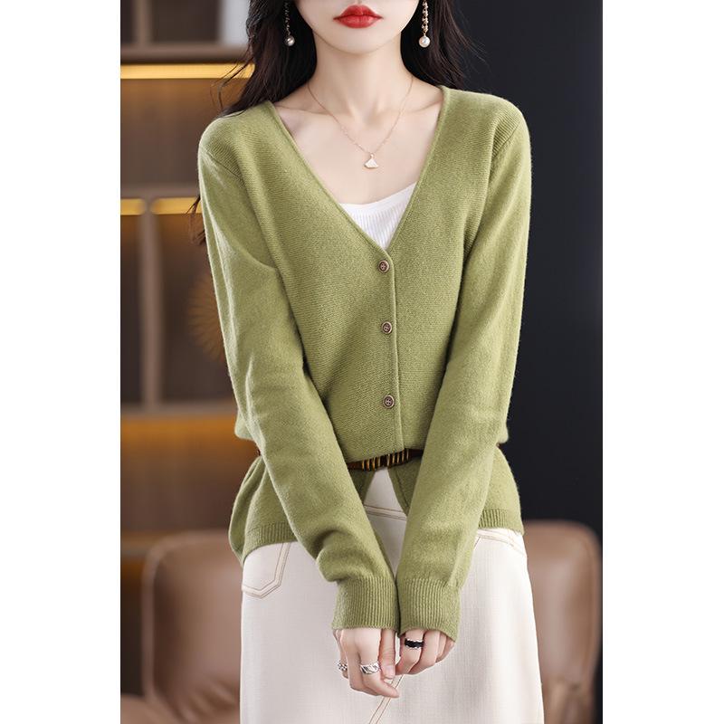 Women's V-Neck Wool Sweater Cardigan - Solid Color, Buttoned, Versatile Casual Outerwear for Spring and Autumn