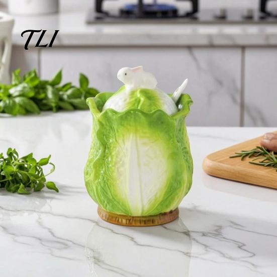 Ceramic Seasoning Container Cabbage Shaped Lard Jar with Lid Spoon, 350ml Kitchen Sealed Shape Spice Container, Multi Purpose Storage Pot for