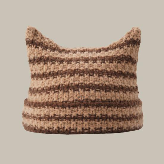 Winter Ladies Hat Kitty Head Contrast Color Striped Star Fur Ball Decor Demon Cap Windproof Elastic Anti-slip Warm Headwear
