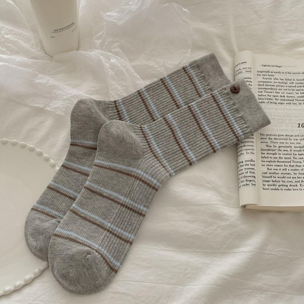 Female Spring and Autumn Cotton Striped Preppy Air Micro Pressure Button Anti Pilling Boneless Tube Socks