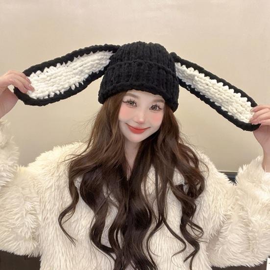 Women Winter Hat Long Bunny Ear Decor Knitted High Elasticity Warm Thick Soft Ear Protection Solid Color Windproof Anti-slip Decorative Lady Cap