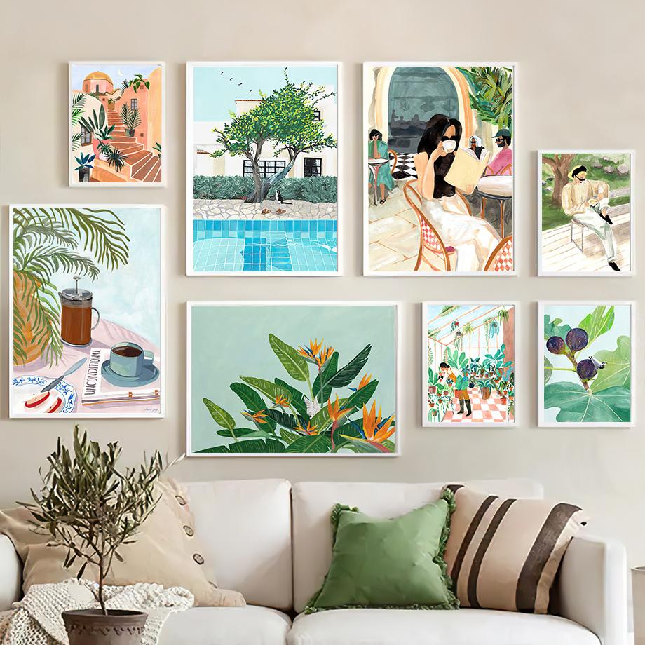 Travel Landscape Wall Art Coffee Woman Reading Pool Leaf Canvas Painting PostersPrints Pictures For Living Interior Room Decor