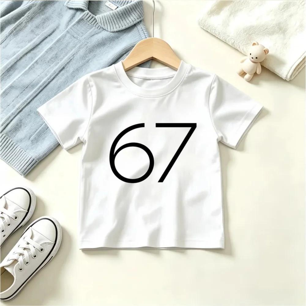 Kids Black Short Sleeve T Shirt Minimalist Thin Line Number 67 Graphic Print Crew Neck Boys Girls Simple Casual Summer Tee