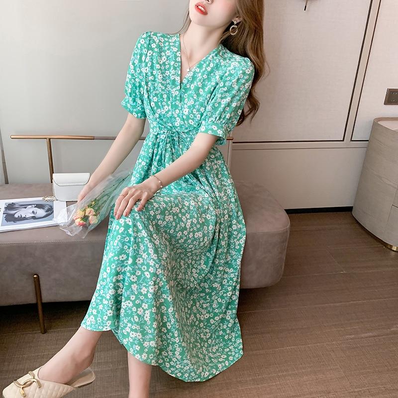 V-hals elegante avond lange feestjurken mode chique bloemen strandjurk casual korte mouw print zomerjurk gewaad 22205