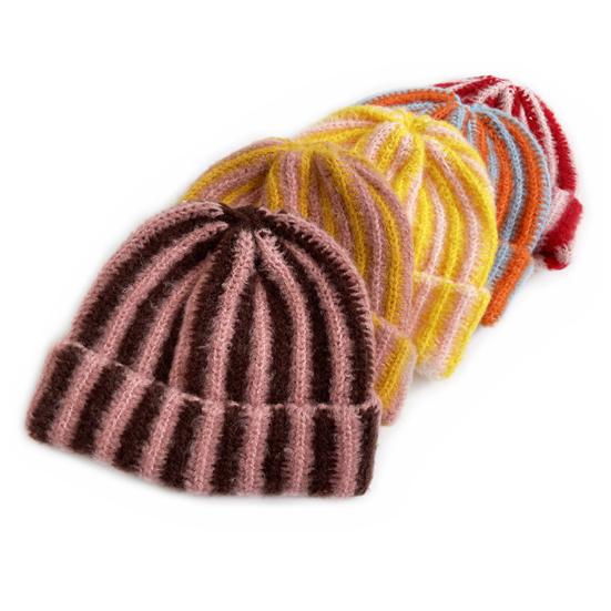 Winter Knit Hat Patchwork Color Striped Print Soft Touch Breathable Brimless Hat Outdoor Activities Pullover Hat