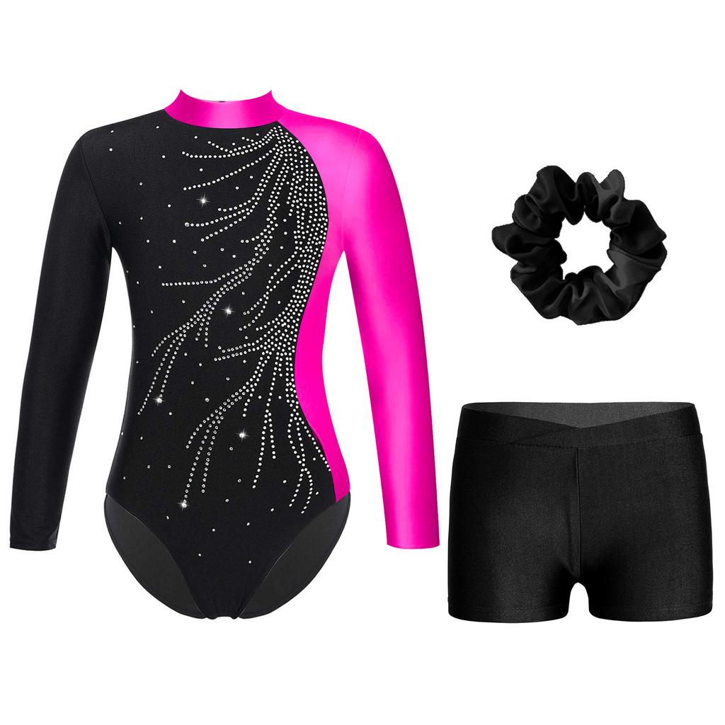 Mädchen Langarm Athletisches Ballett Tanz Gymnastik Leotard mit Shorts und Kopfbedeckung Kinder Eiskunstlauf Kostüm